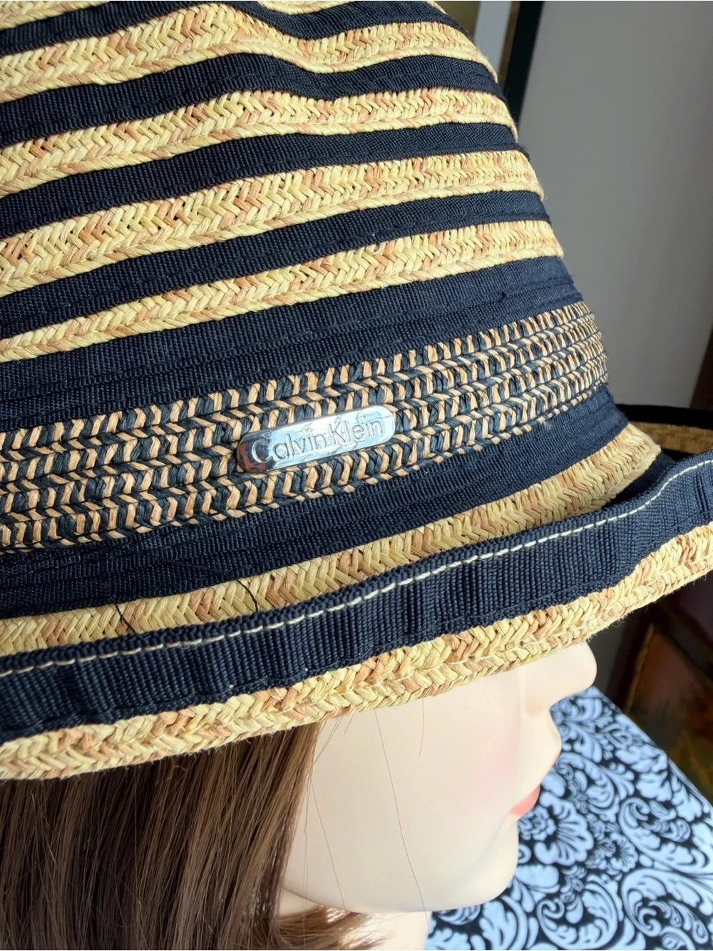 Calvin Klein Black Tan Striped Woven Fedora Hat